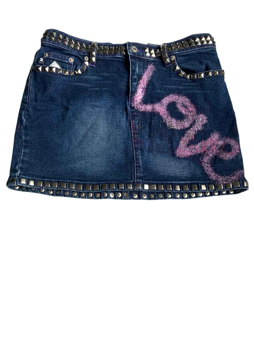 Vintage Y2K Express Studded graffiti love denim mini skirt Small 3/4